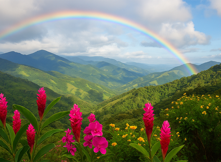 Paisaje de Costa Rica con montañas, flores y arcoiris